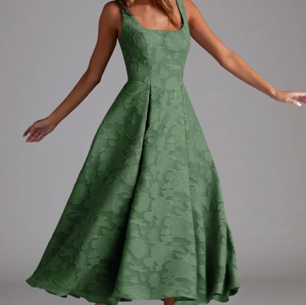 Azazie Elegant Green Floral Midi Dress